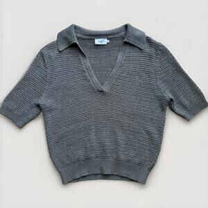 The Reset R Label Knit Polo Women's Medium Gray Green Short Sleeve Cotton Linen